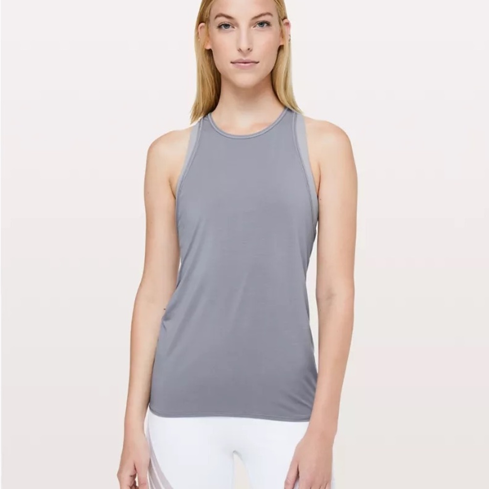 LULULEMON DEEP STRETCH RUCHED BACK HIGH NECK TANK LIGHT PURPLE/PERIWINKLE 2